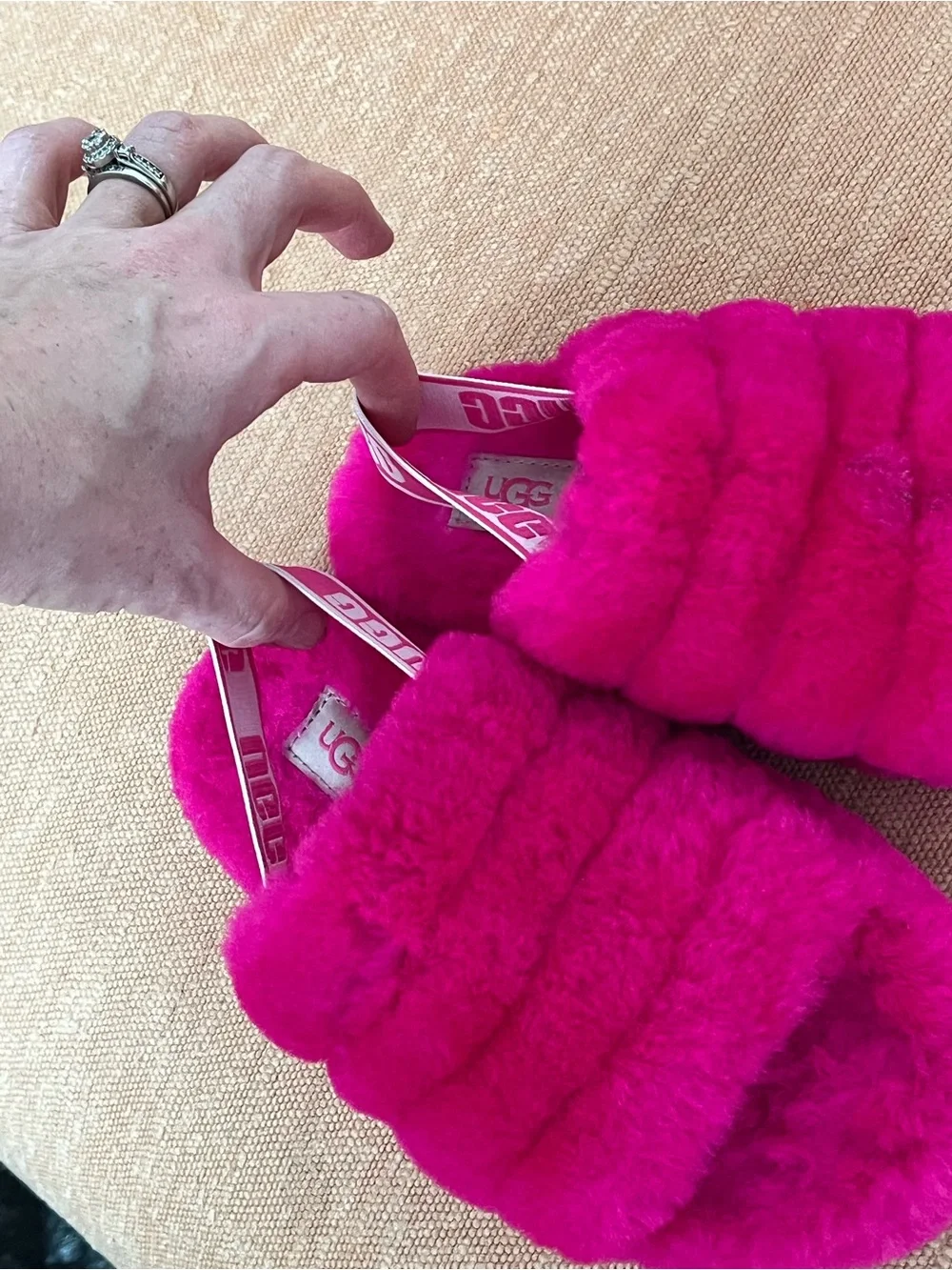 UGG Hot Pink Fluffy Slide Sandals with Branded Heel Strap